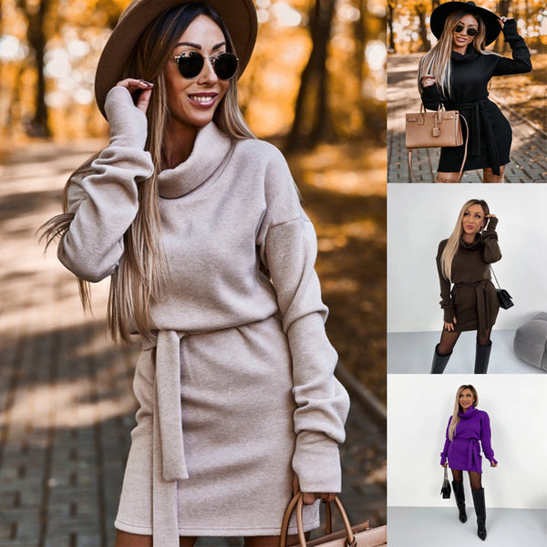 Women's Turtleneck Belt Fashion Long Sleeve Dress Dresses