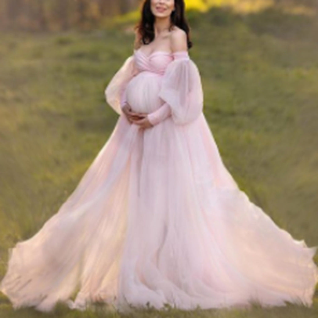 Women's Autumn Pregnant Puff Sleeve Slim Fit Long Dresses