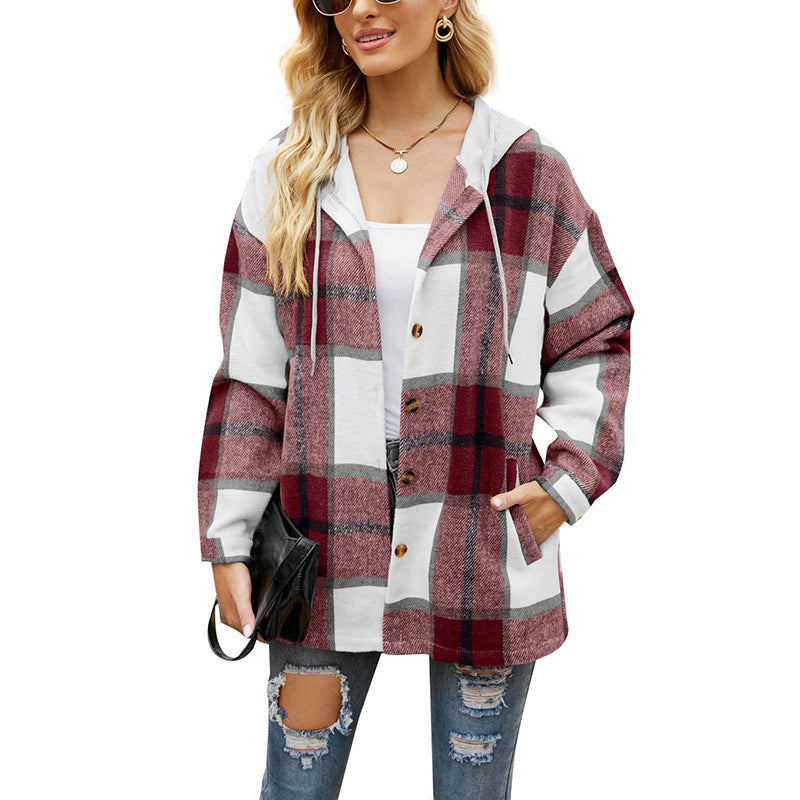 Women's Plaid Hooded Casual Loose Shirt Blouses