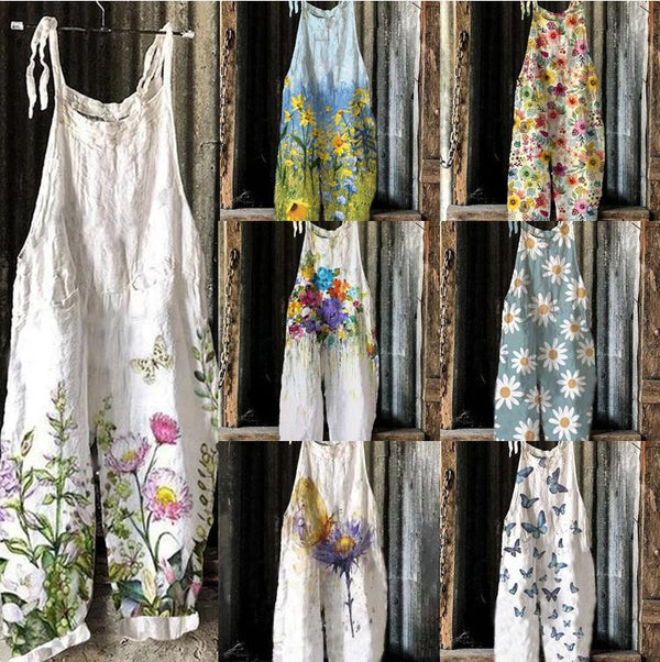 Women's Summer Slub Linen Vintage Print Wide Dresses